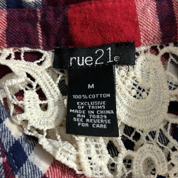 Rue21 Western Plaid Lace Long Sleeve Button Down Top M Costal Cowgirl Boho Chic - Picture 7 of 8